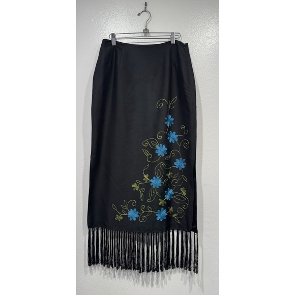 Clio Dresses & Skirts - Vintage 90s CLIO Black Embroidered Silk Skirt Size 10 Floral Fringe Boho Fairy